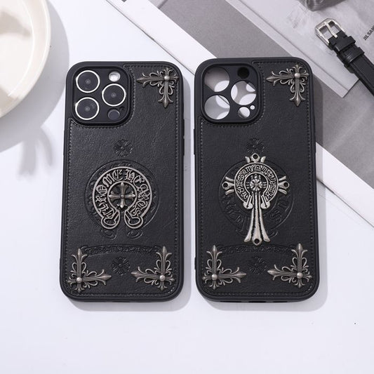 Chrome Hearts Leather Cross Print Phone Case For iPhone