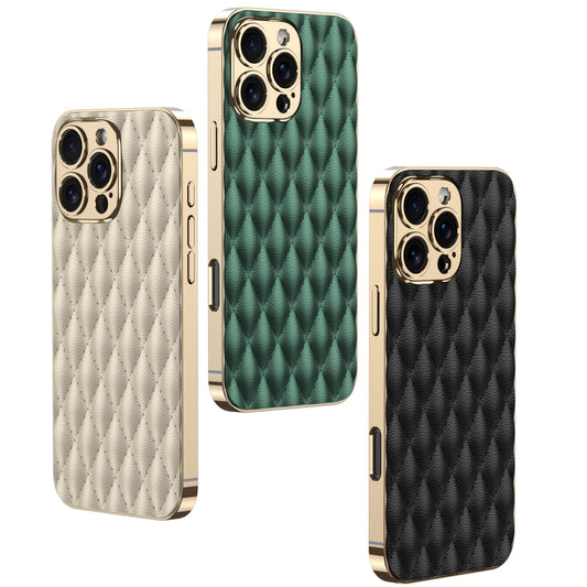 Electroplated PU Leather Rhomboid Pattern Phone Case For iPhone