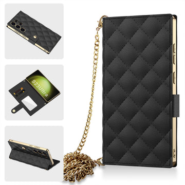 Flip PU Leather Wallet Case With Gold Chain Strap For Samsung Galaxy S25 S24