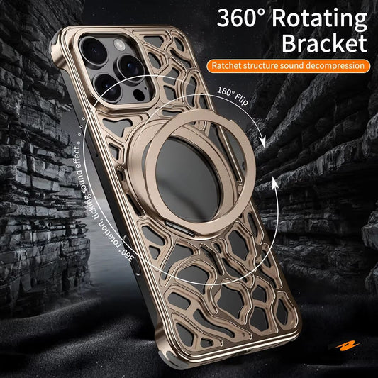 Aluminum Metal Hollow Magnetic Phone Case With 360 Rotating Stand For iPhone