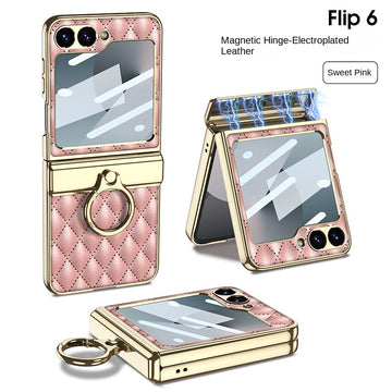 Luxury PU Leather Film Electroplated Ring Holder Hinge Magnetic Phone Case For Samsung Galaxy Z Flip 6