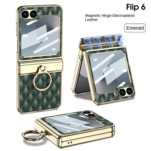 Luxury PU Leather Film Electroplated Ring Holder Hinge Magnetic Phone Case For Samsung Galaxy Z Flip 6