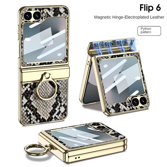 Luxury Plating Leather Case With Film Screen Magnetic Hinge Leather Ring Holder For Samsung Galaxy Z Flip 6