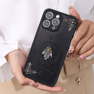 PU Leather Texture Skull Personality Trend Chrome Heart Phone Case For iPhone