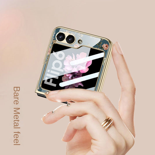 Ultra-Thin Electroplated Floral PC Phone Case With Tempered Glass For Samsung Galaxy Z Flip 6