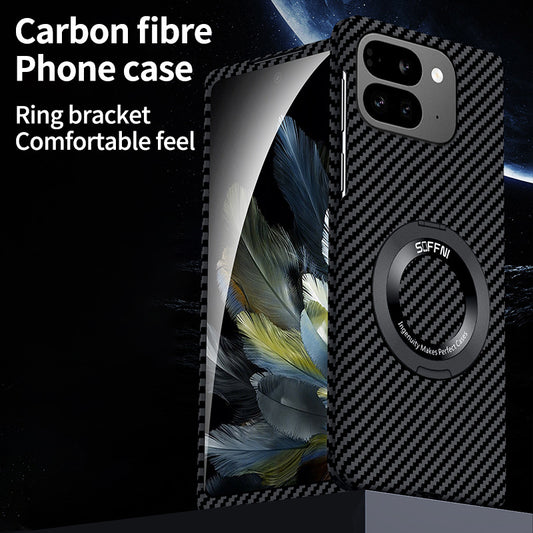 Ultra Thin Carbon Aramid Fiber Textured Magnetic Case With Ring Bracket For Google Pixel 9 Pro Fold