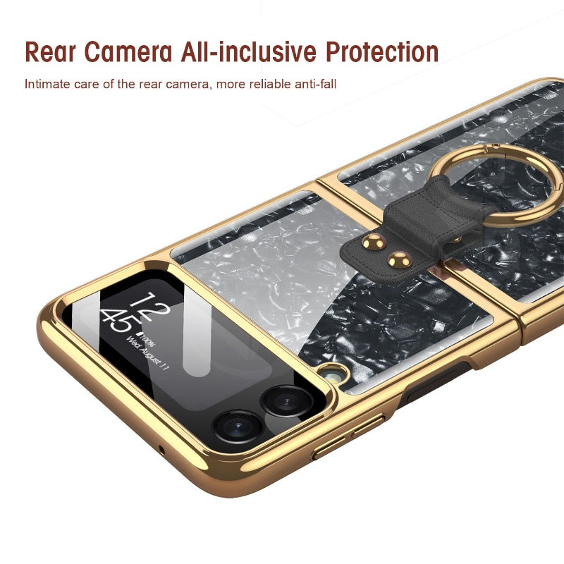 For Samsung Galaxy Z Flip 4 Flip3 Case Painted Electroplated Glass Ring Bracket Holder With Lens Film Shockproof Protection Case