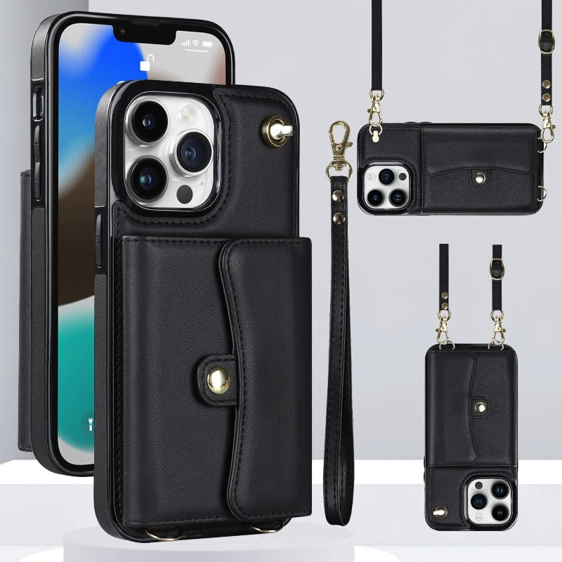 Crossbody Wallet Leather Phone Case for iPhone 13 14 11 Pro Max 13 12 Mini 14 Plus Multifunctio Wrist Strap Lanyard Cover