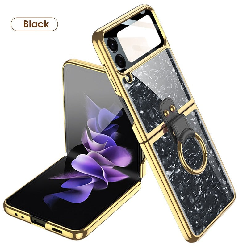 For Samsung Galaxy Z Flip 4 Flip3 Case Painted Electroplated Glass Ring Bracket Holder With Lens Film Shockproof Protection Case